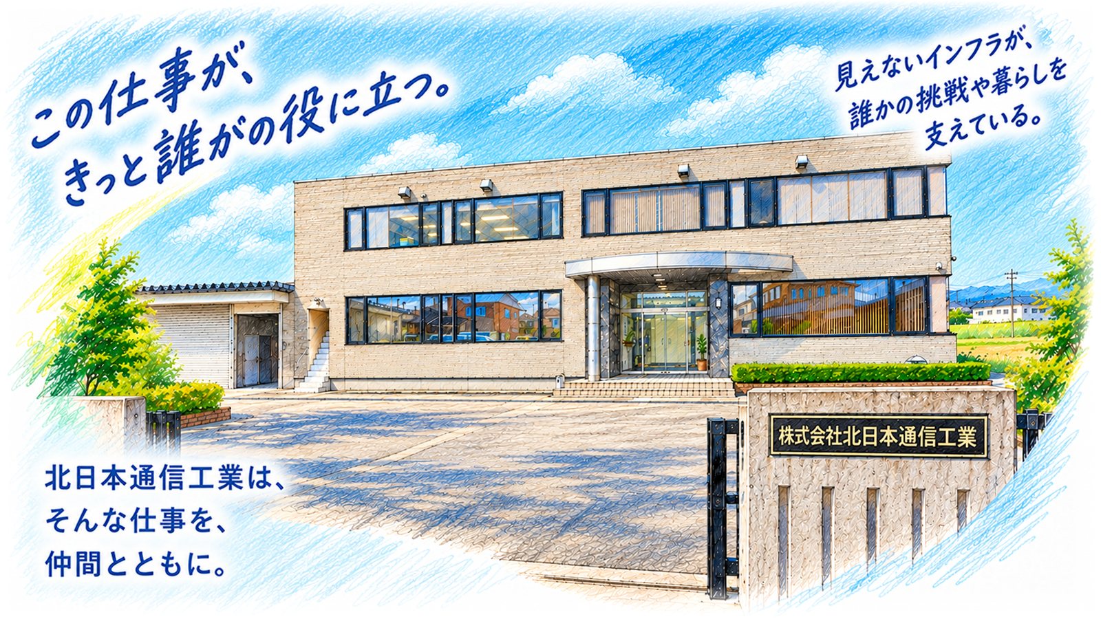 北日本通信工業の社屋。この仕事が、きっと誰かの役に立つ。見えないインフラが、誰かの挑戦や暮らしを支えている。北日本通信工業は、そんな仕事を、仲間とともに。