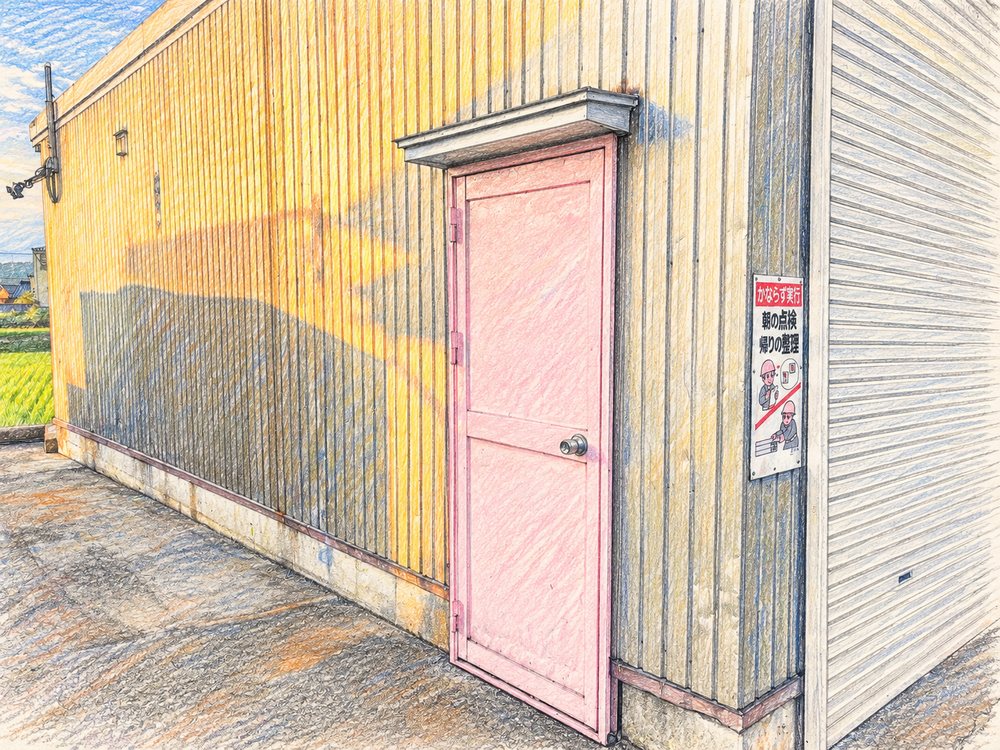 倉庫の金属の外壁に付いた、ピンク色のドア。会社の「どこでもドア」の色鉛筆風イラスト