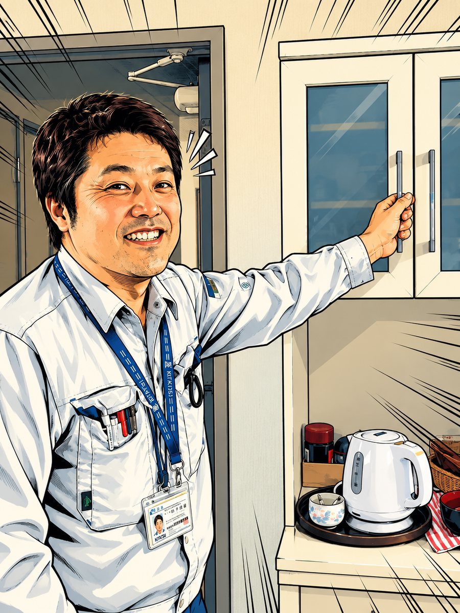 工事部のY課長。白い作業服に社員証を下げ、事務所の食器棚の扉を開けながら笑顔でこちらを振り向いている様子のイラスト