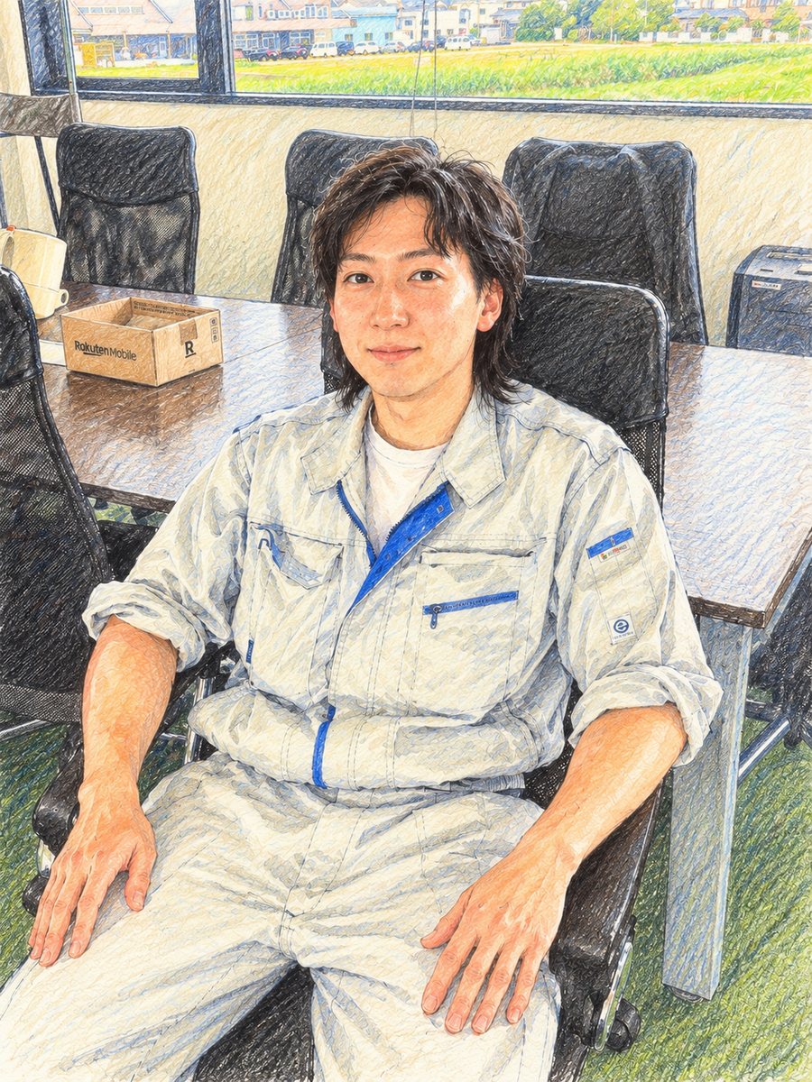工事部のIさん。青いラインの入った白い作業服姿で、会議室の椅子に座ってほほえんでいる様子の色鉛筆風イラスト